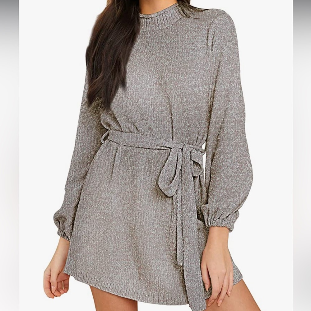 Mock Neck Sweater Dress With Lantern Sleeves and Belt